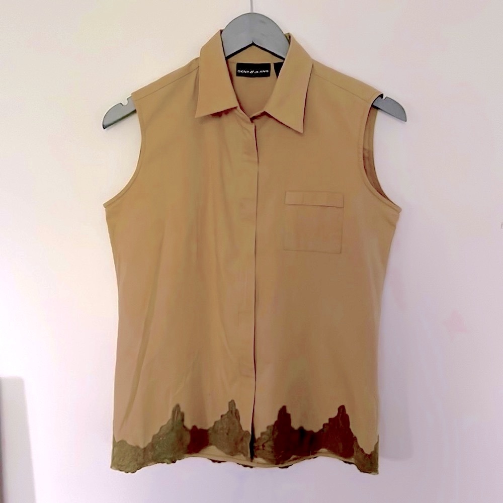 DKNY Jeans Khaki Cotton Zipped Sleeveless Top with Scalloped Lace Hem, S